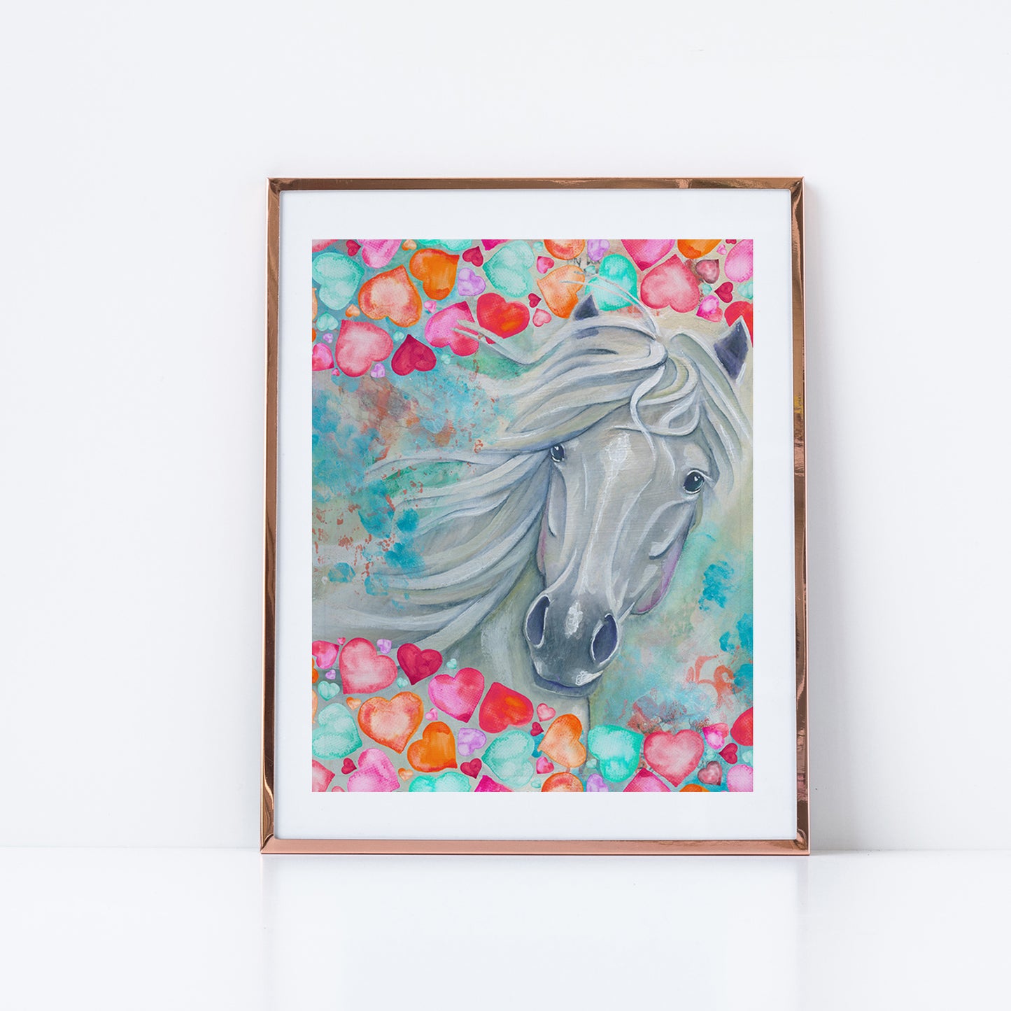 "White Horse Angel with Hearts Border" Pony Prints Fine Art Print