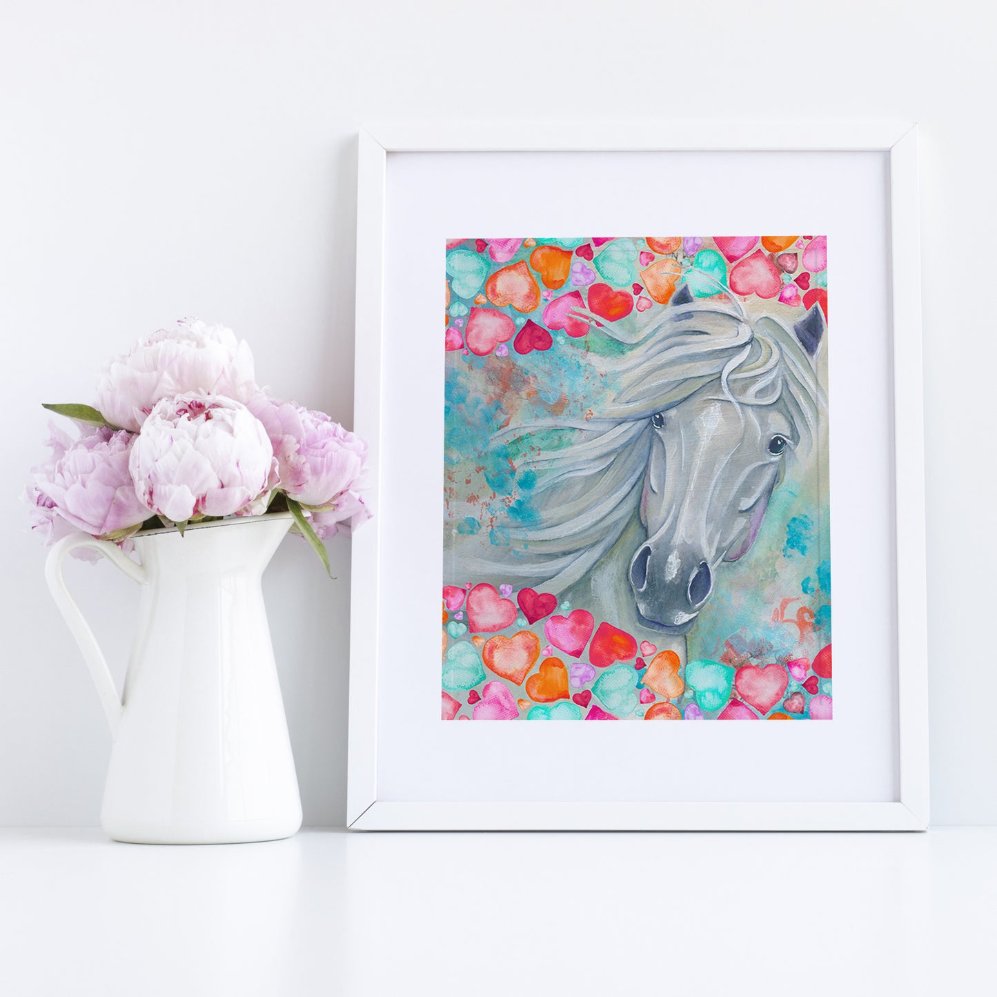 "White Horse Angel with Hearts Border" Pony Prints Fine Art Print