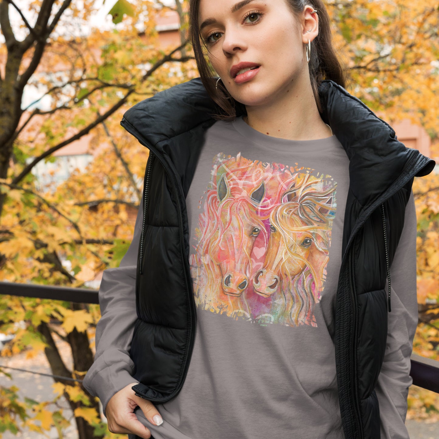 "Wind Tossed Pair with Hearts" Horses Unisex Long Sleeve Tee