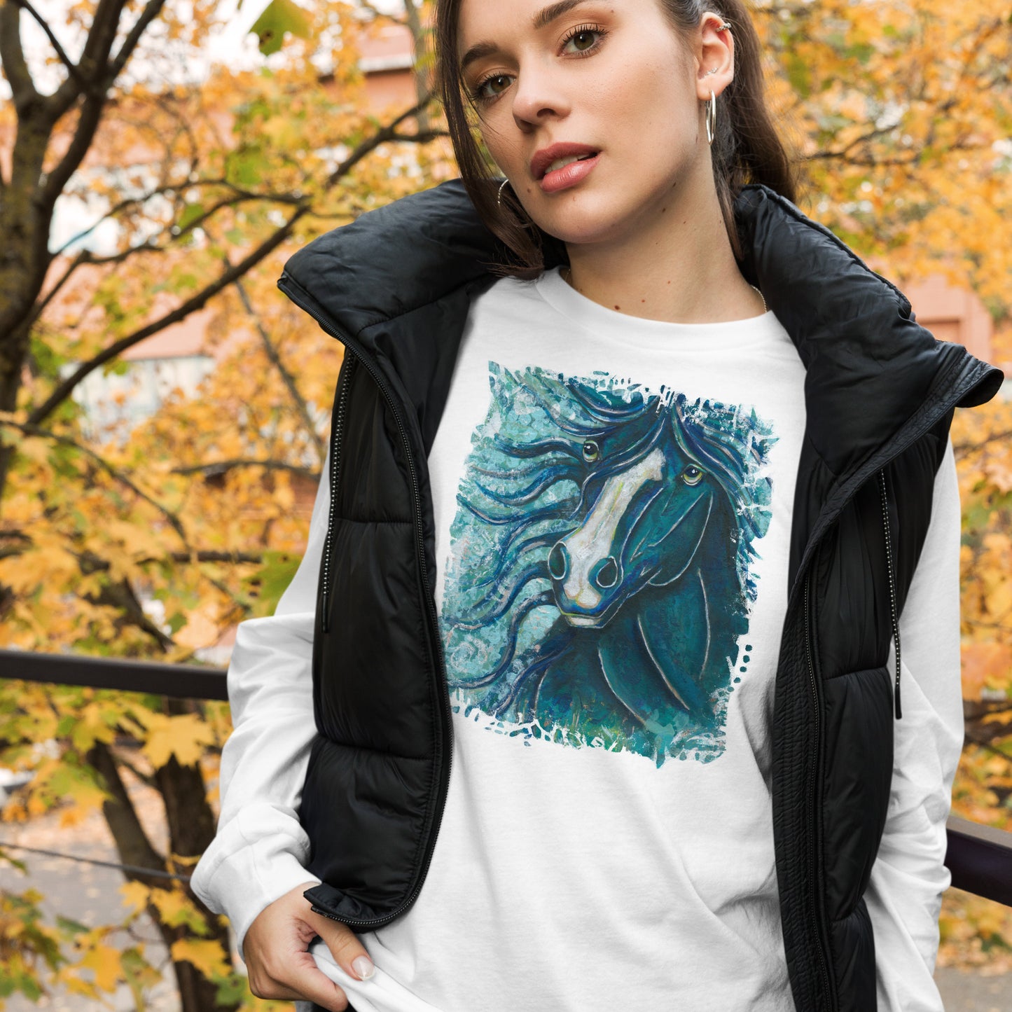 "Dark Teal and Turquoise Horse" Unisex Long Sleeve Tee